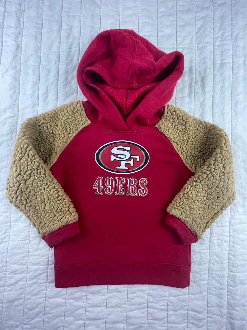 San Francisco 49ers NFL Team Apparel Kids Hoodie with Tan Sherpa Sleeves 4T